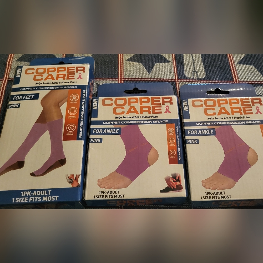 Lot Of 3 Copper Care Products 1 Compression Sock And 2 Ankle Compression Braces